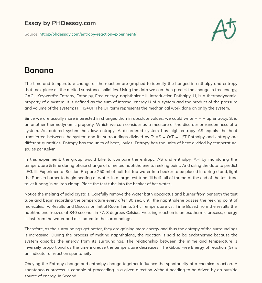 Measuring Enthalpy, Entropy, and Free Energy Change during Phase Change of Naphthalene essay
