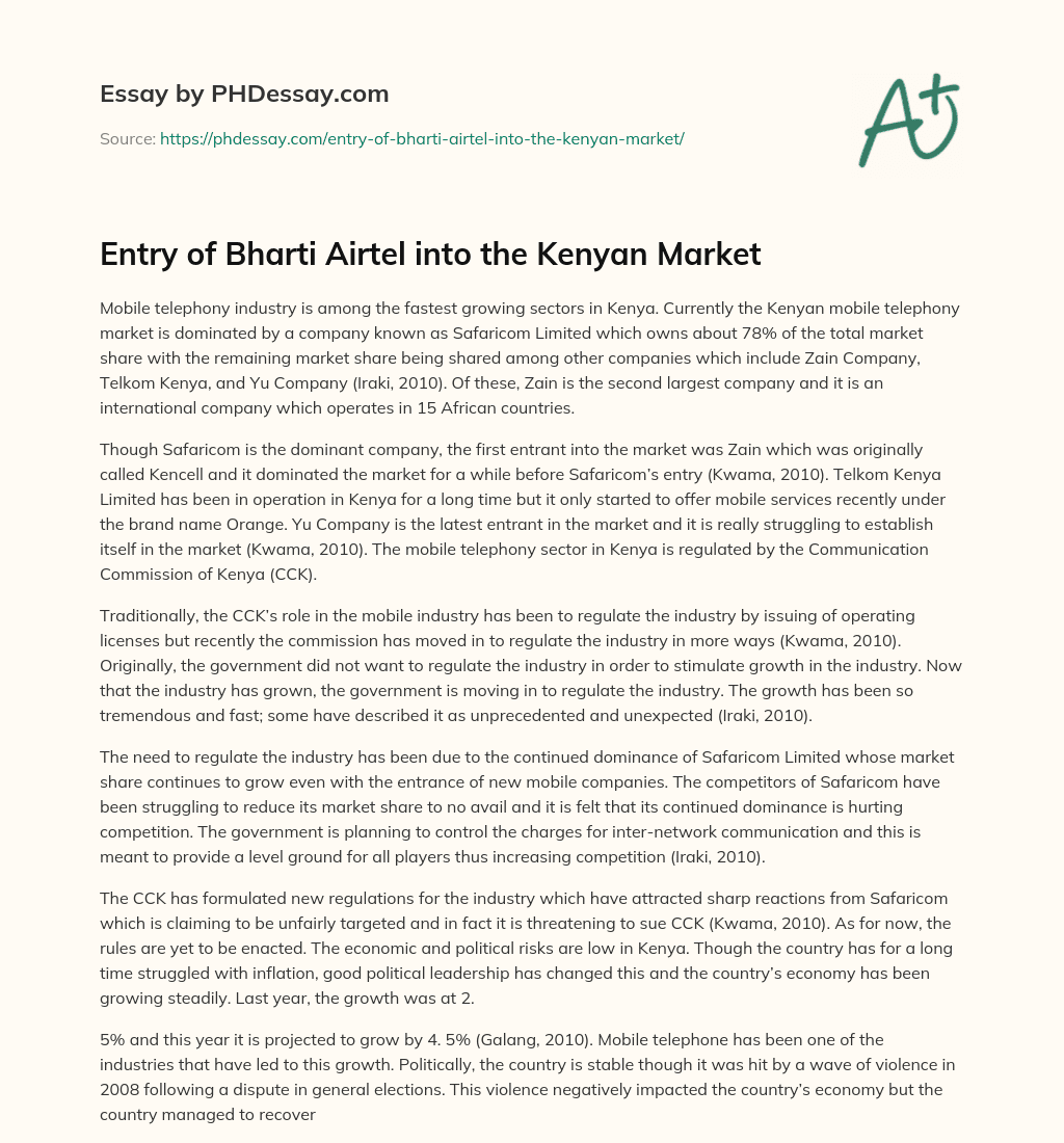 Entry of Bharti Airtel into the Kenyan Market essay
