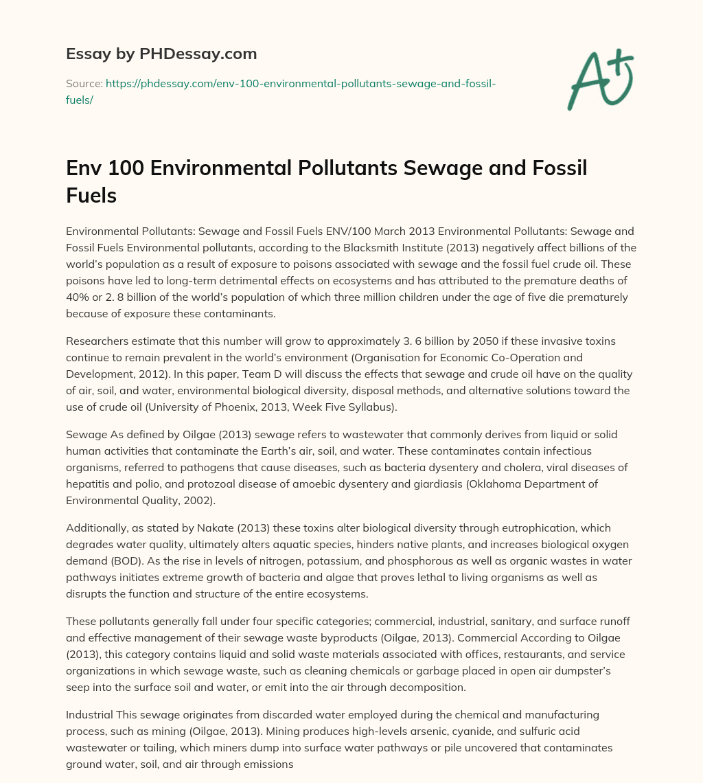 Env 100 Environmental Pollutants Sewage and Fossil Fuels essay