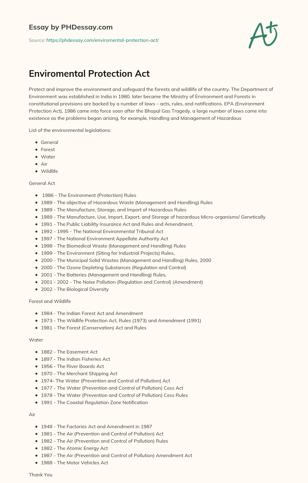 Enviromental Protection Act essay