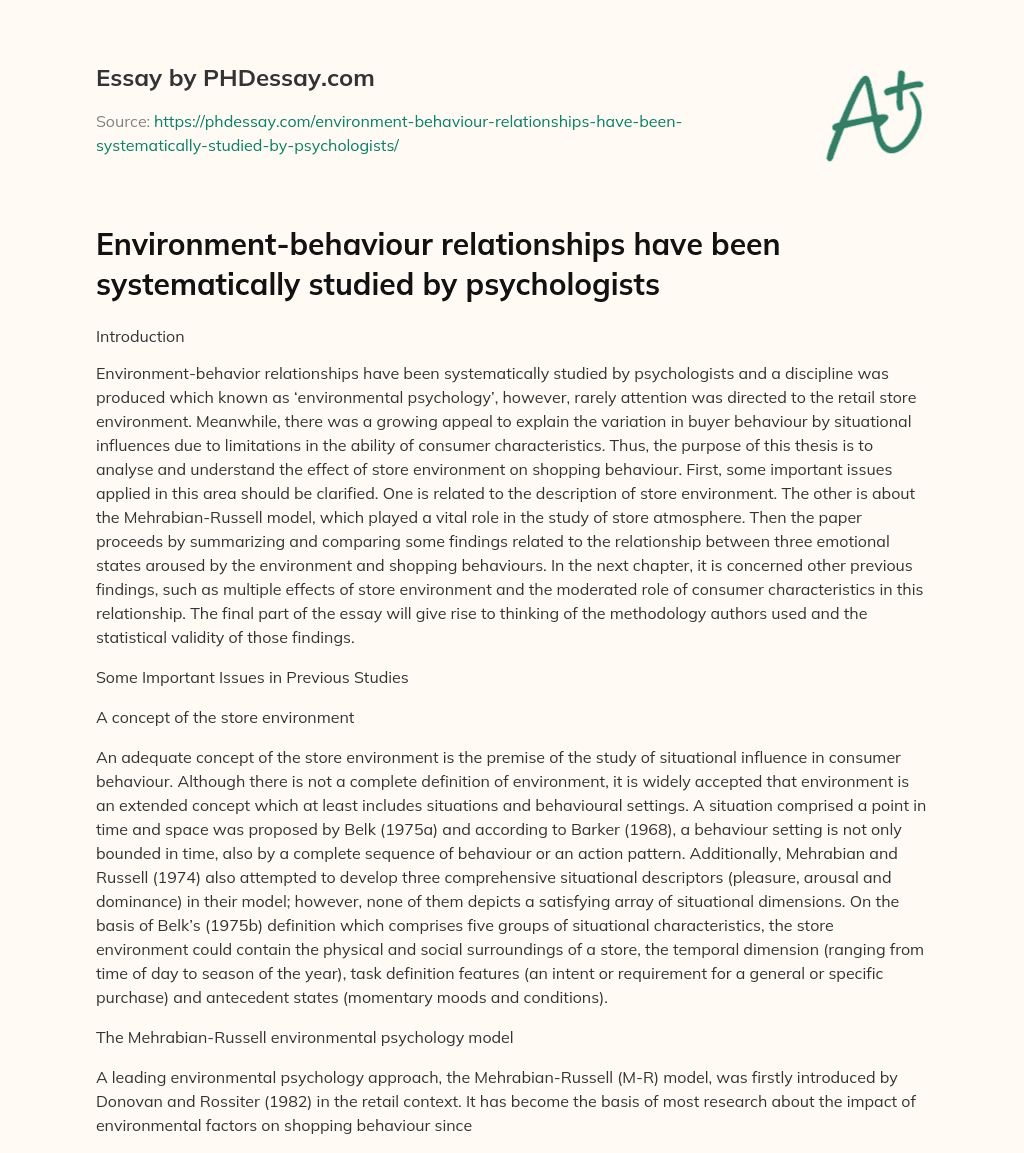 Environment-behaviour relationships have been systematically studied by psychologists essay