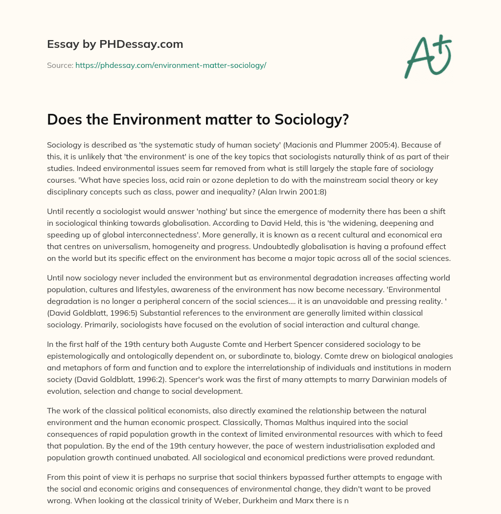 Does the Environment matter to Sociology? essay