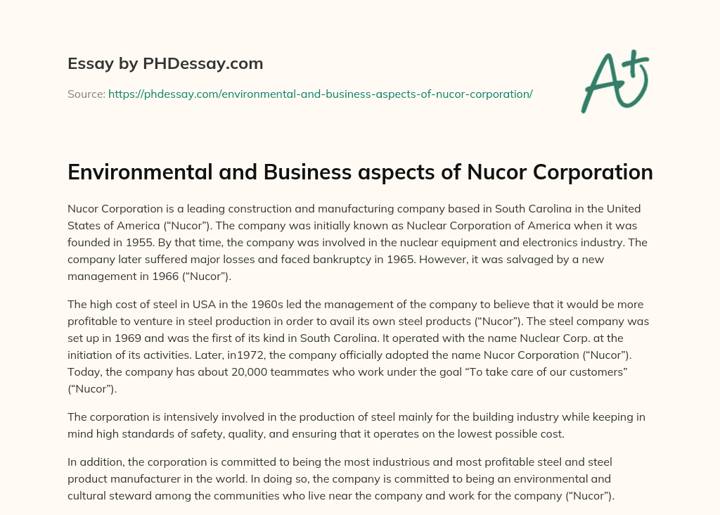 Environmental and Business aspects of Nucor Corporation essay