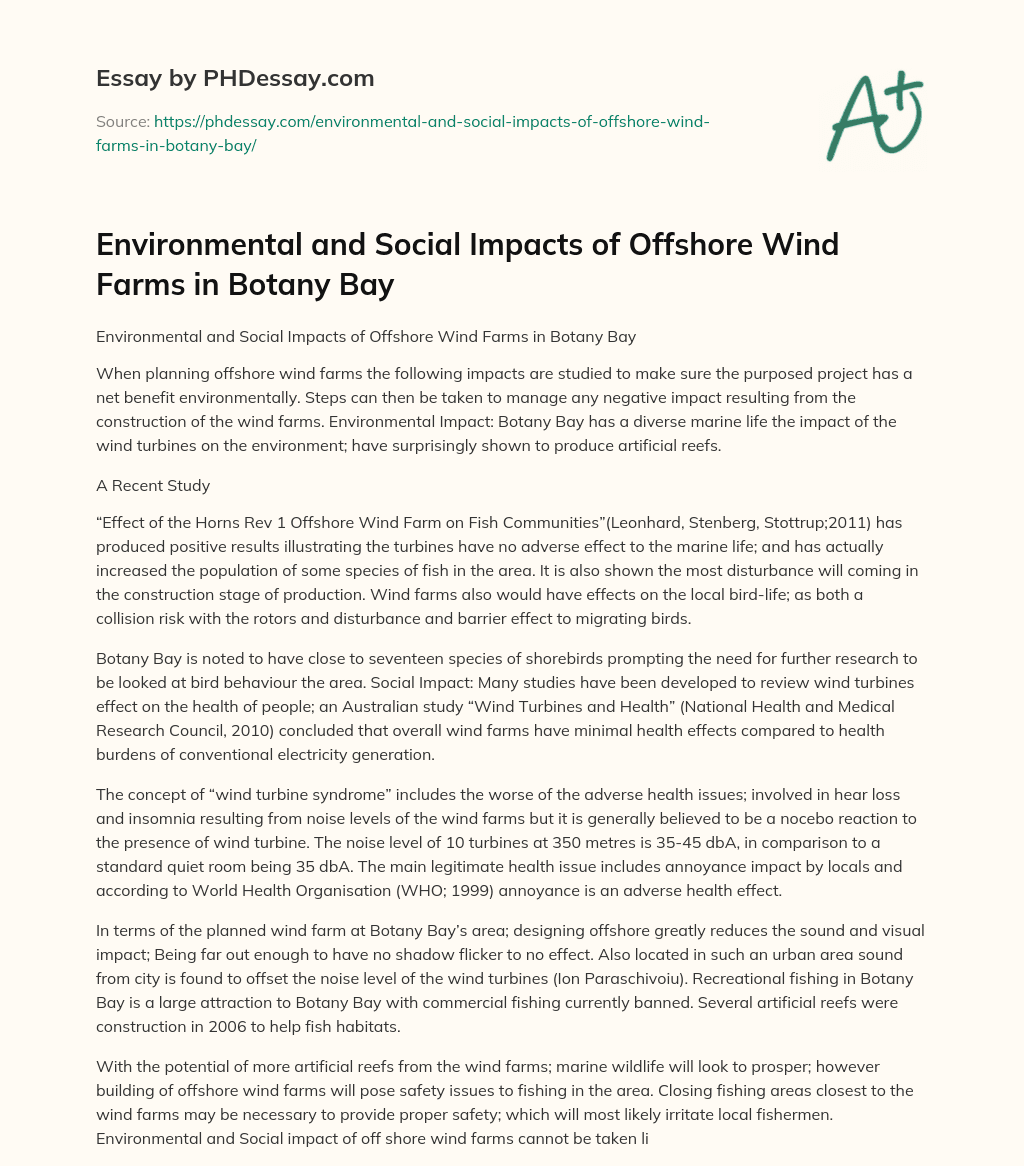 Environmental and Social Impacts of Offshore Wind Farms in Botany Bay essay