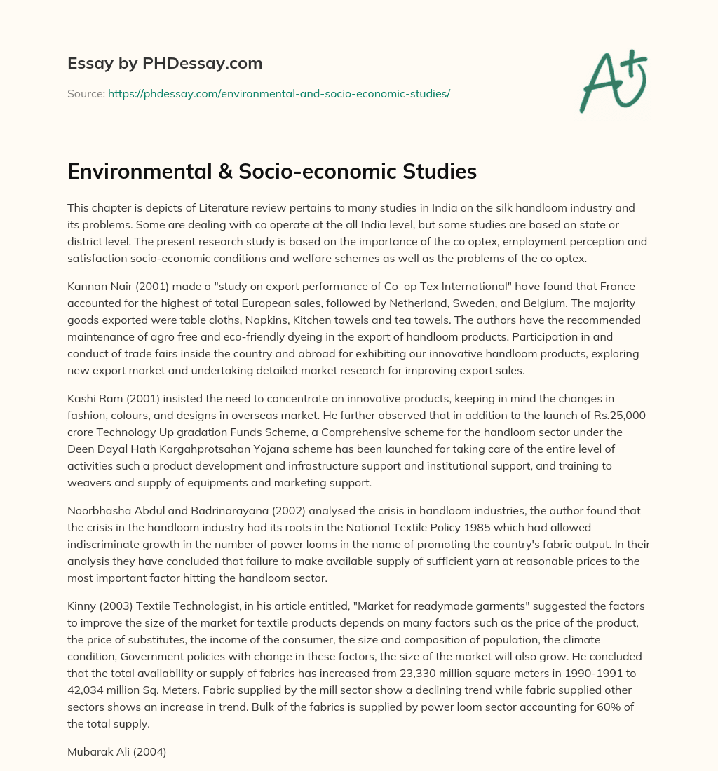 Environmental & Socio-economic Studies essay
