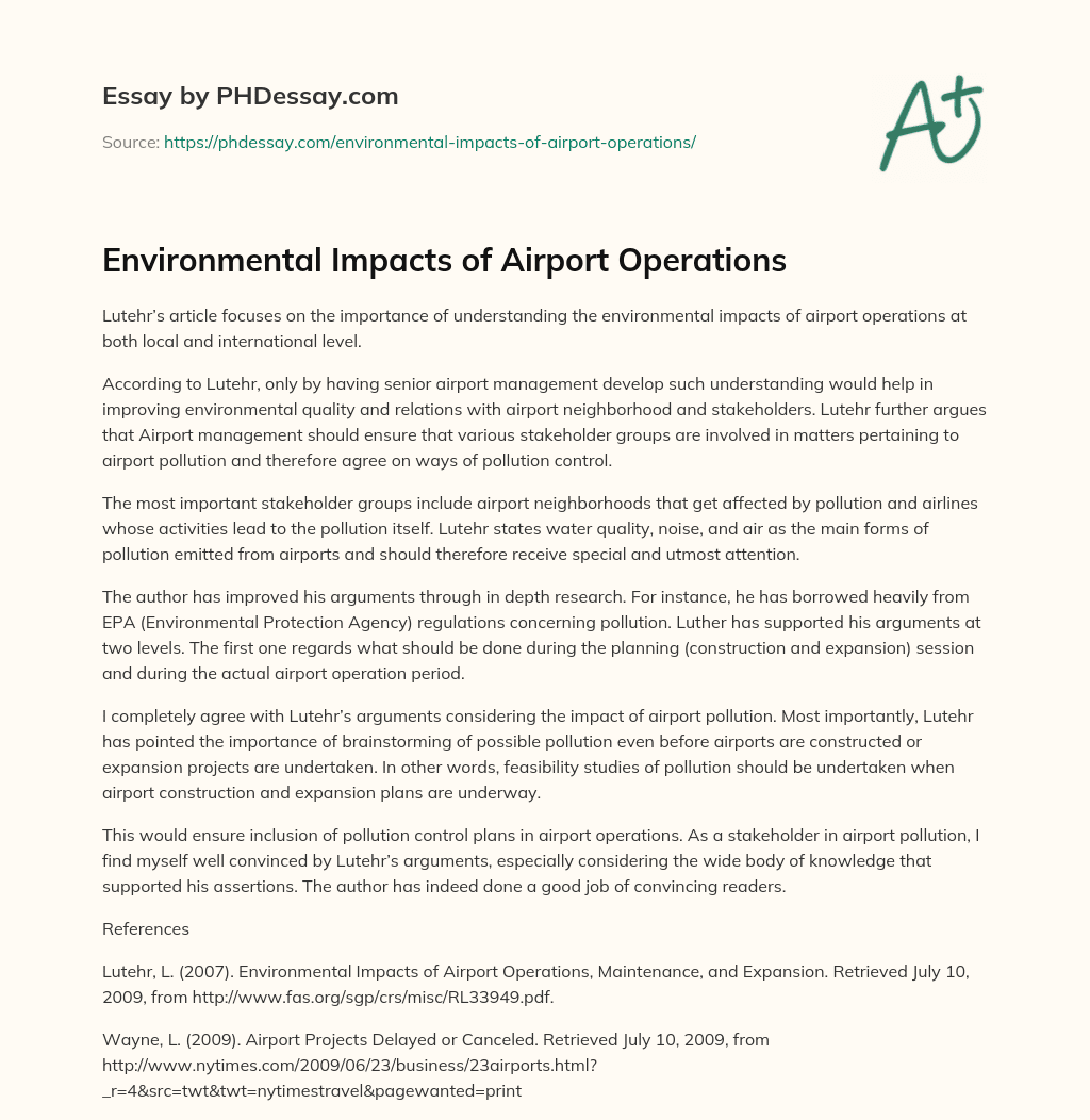 Environmental Impacts of Airport Operations essay