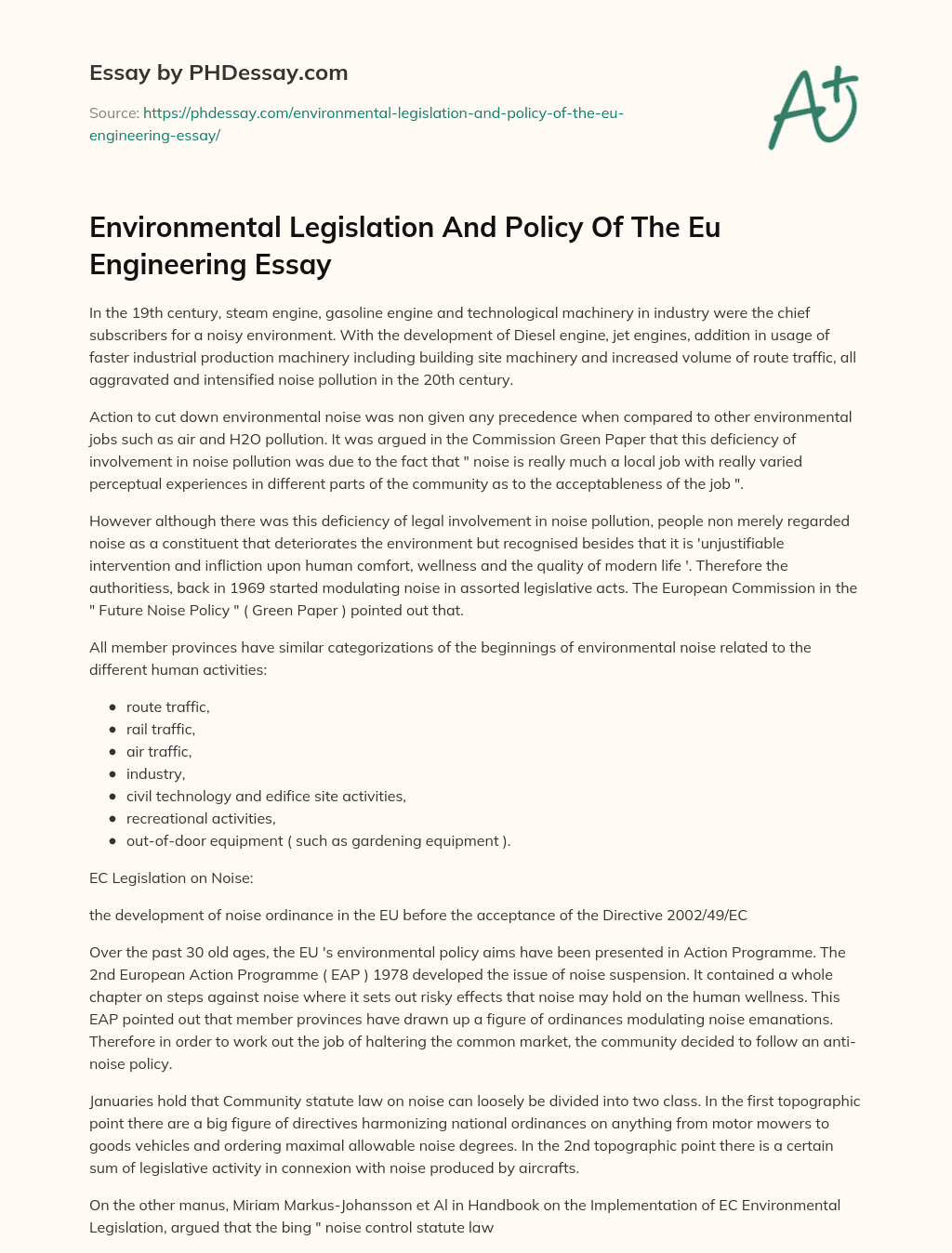 Environmental Legislation And Policy Of The Eu Engineering Essay essay