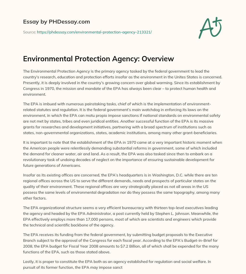 Environmental Protection Agency: Overview essay