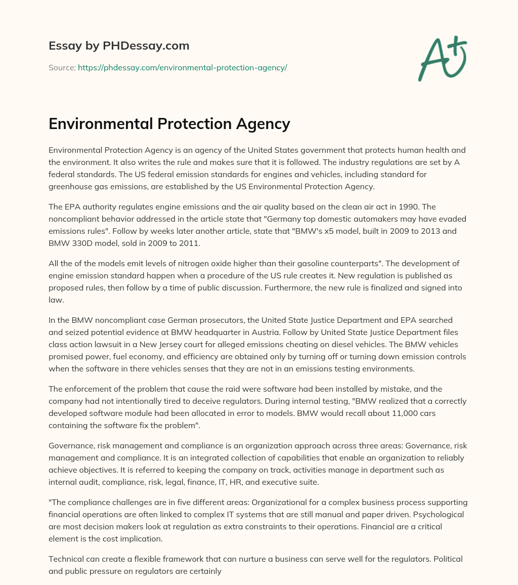 Environmental Protection Agency (600 Words)