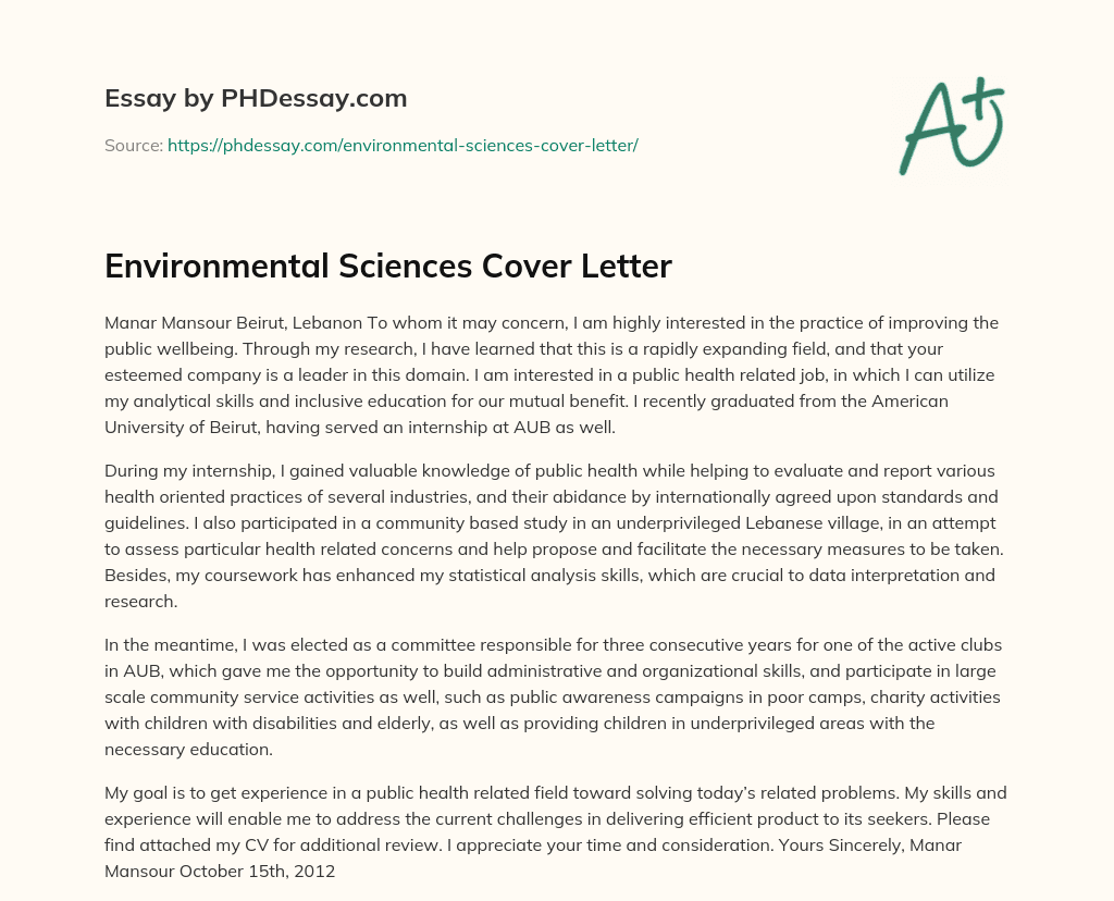 example of environmental science cover letter