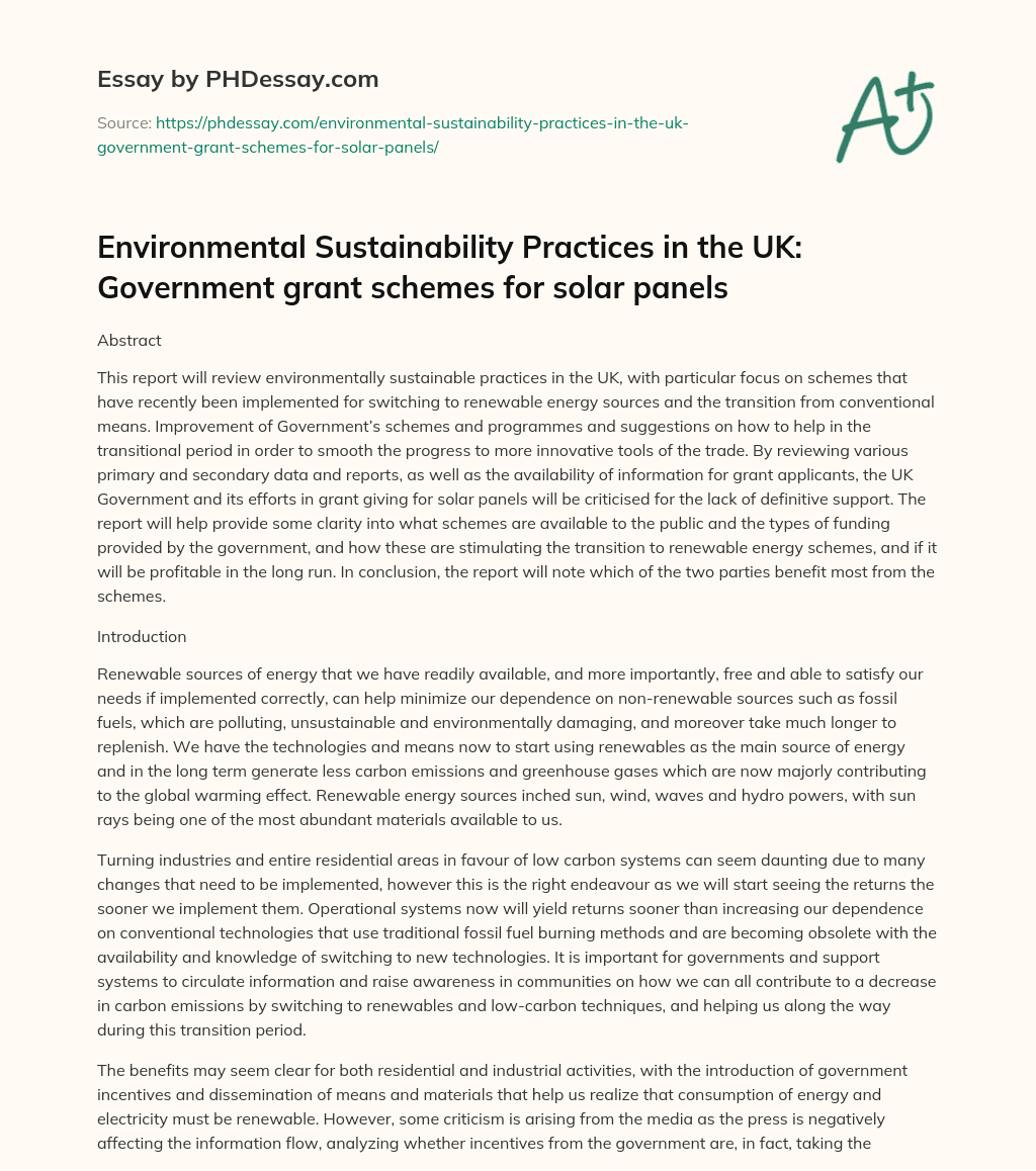 Environmental Sustainability Practices in the UK: Government grant schemes for solar panels essay