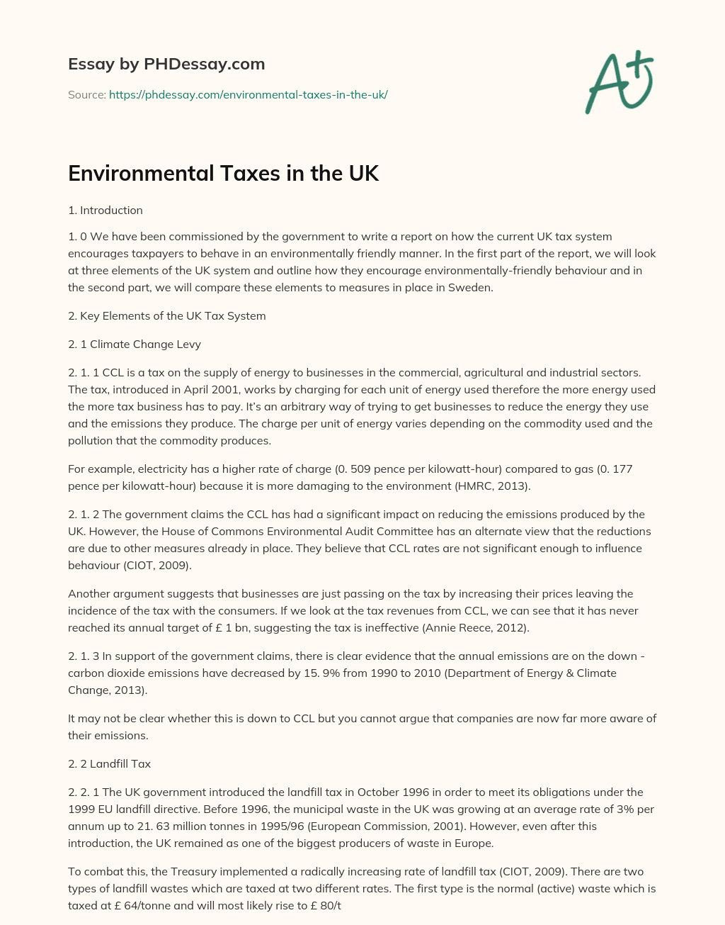 Environmental Taxes in the UK essay