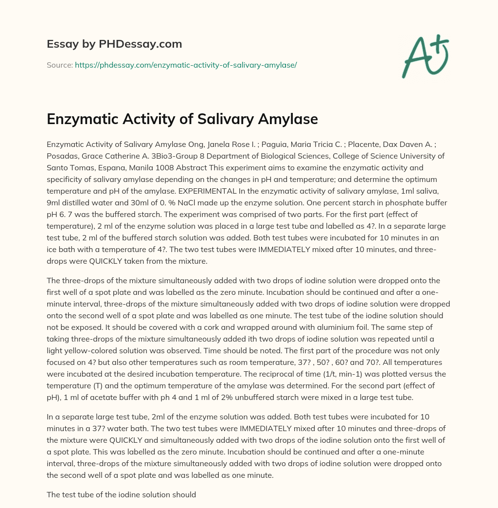 Enzymatic Activity of Salivary Amylase essay