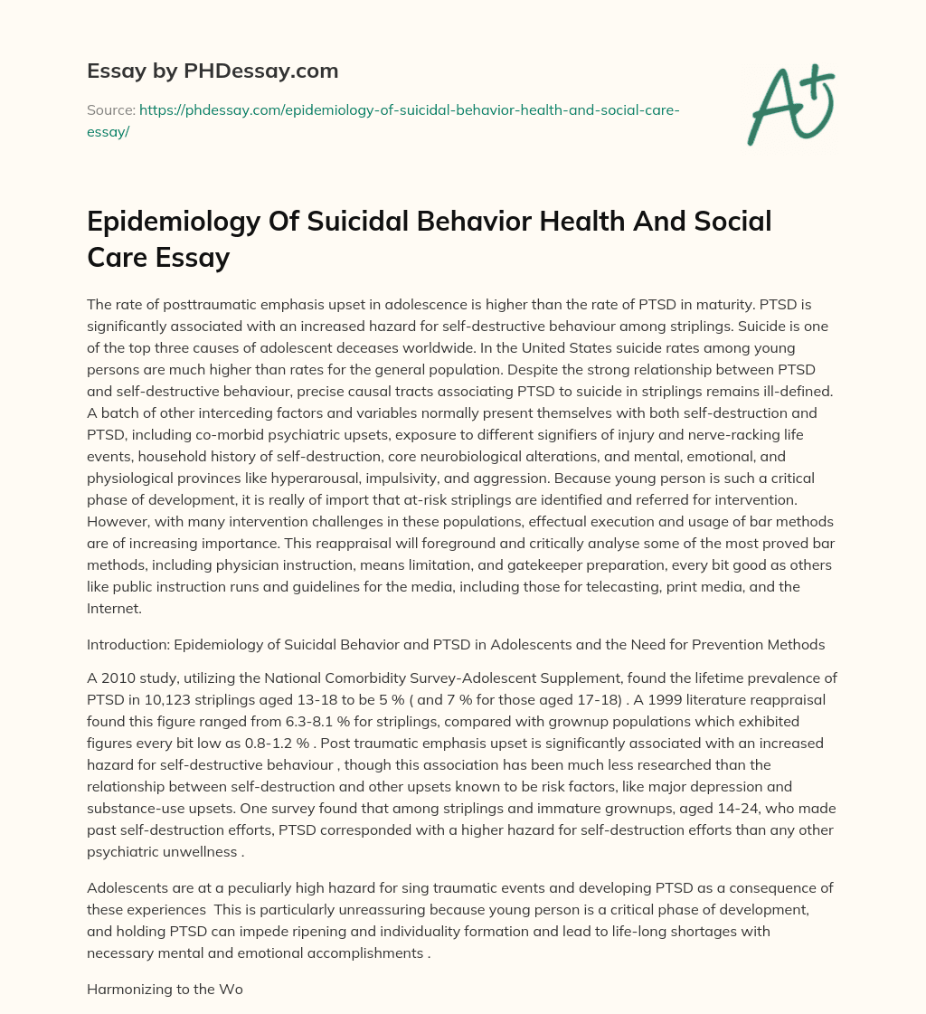 Epidemiology Of Suicidal Behavior Health And Social Care Essay essay