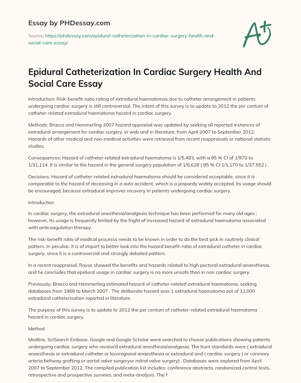 Epidural Catheterization In Cardiac Surgery Health And Social Care Essay essay