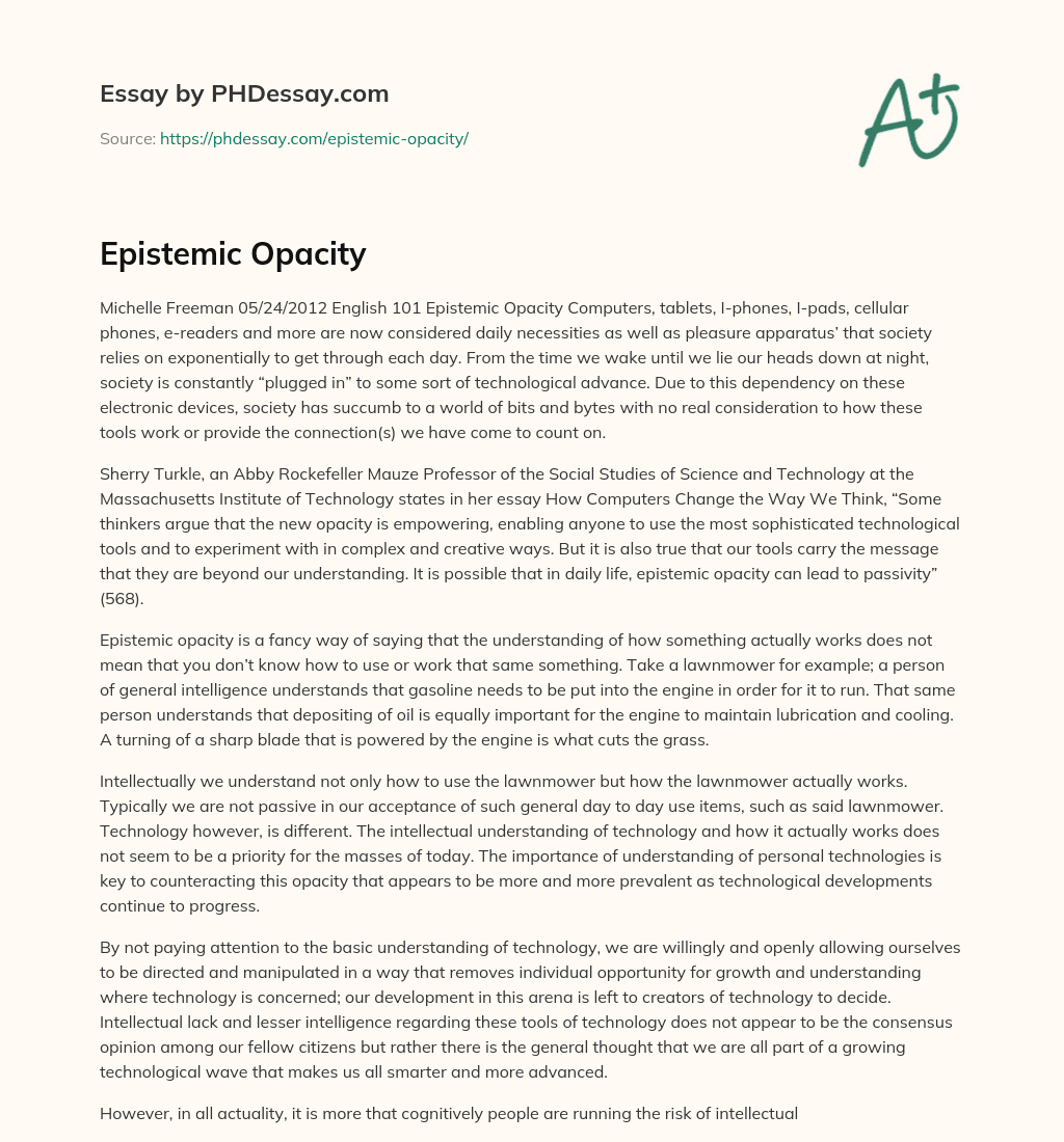 Epistemic Opacity essay