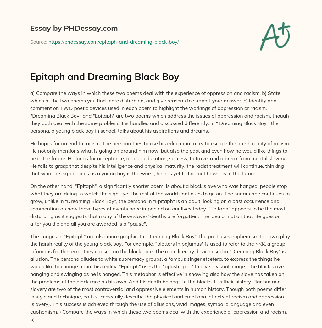 Epitaph and Dreaming Black Boy essay