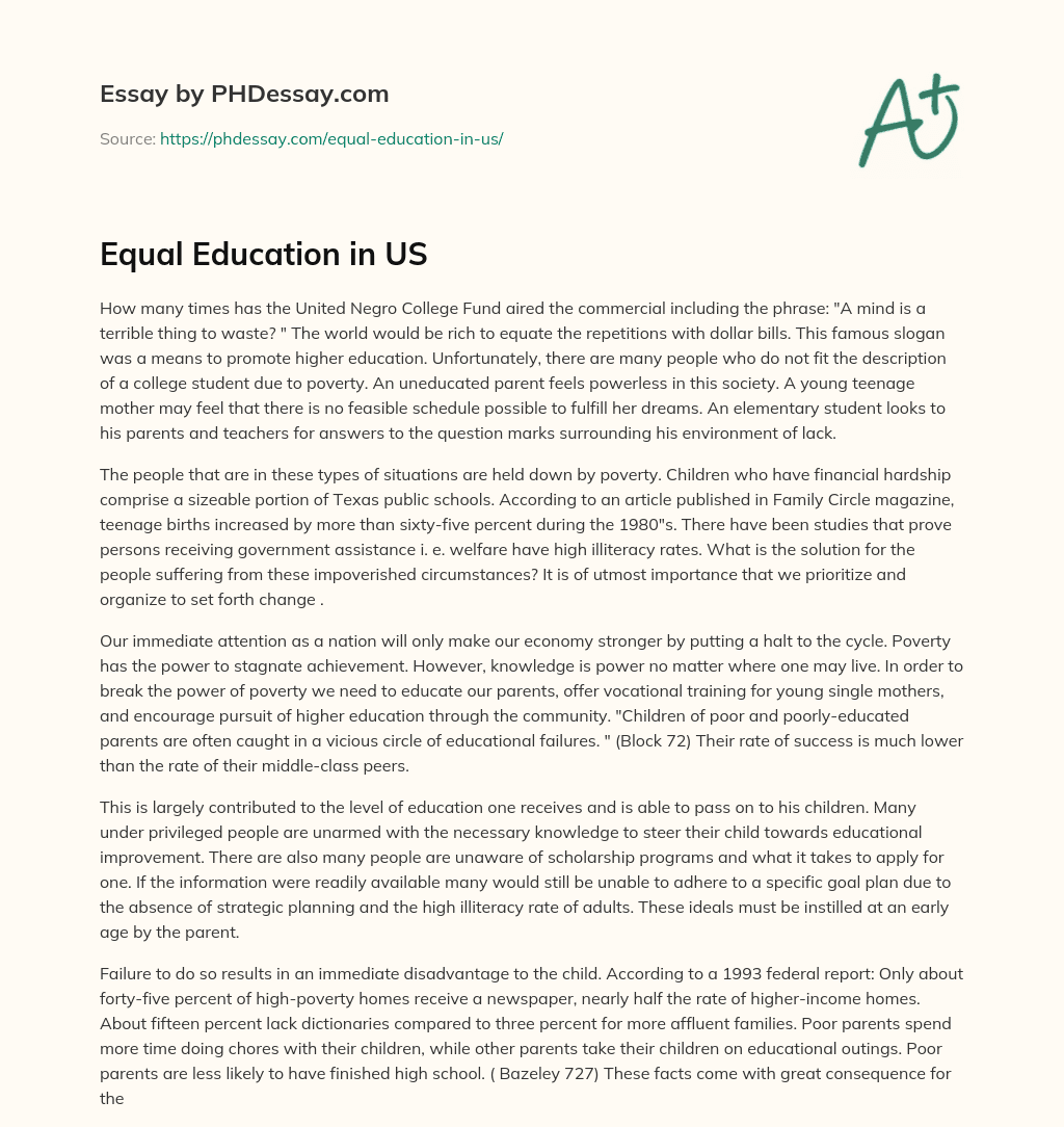Equal Education in US essay