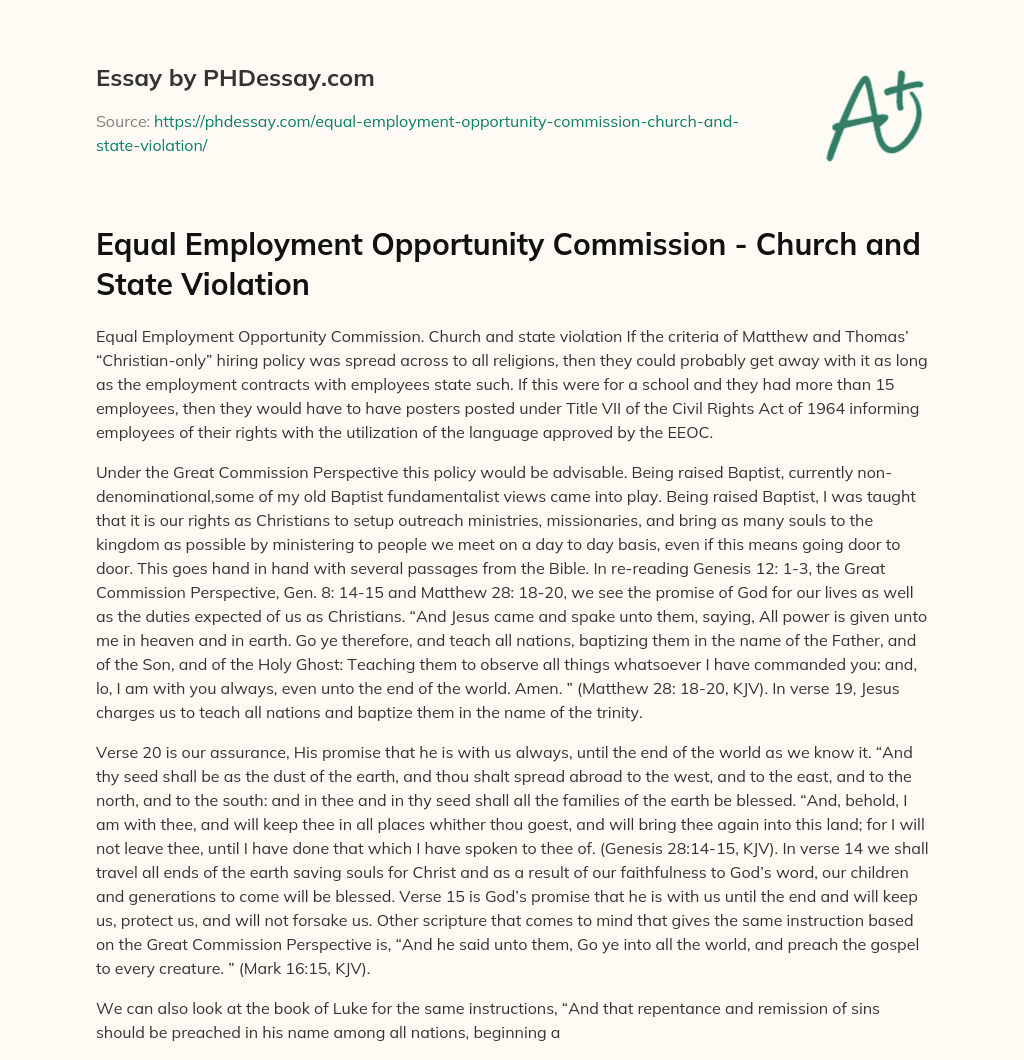 Equal Employment Opportunity Commission – Church and State Violation essay