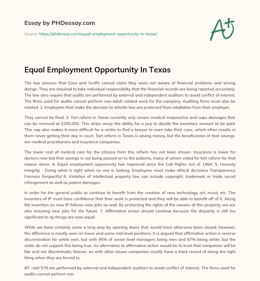 Equal Employment Opportunity In Texas essay
