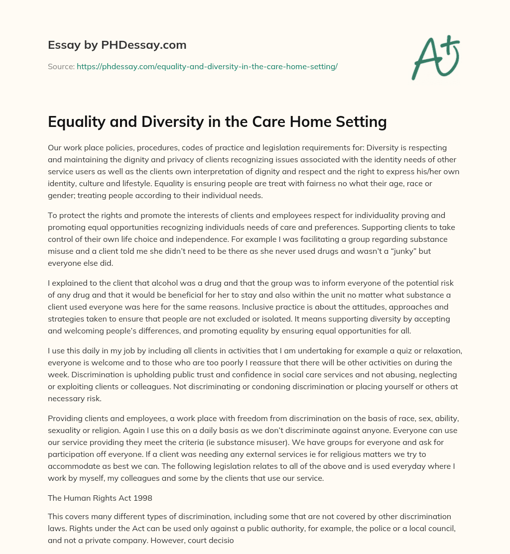 Equality and Diversity in the Care Home Setting essay