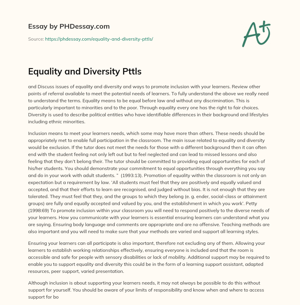Equality and Diversity Pttls essay