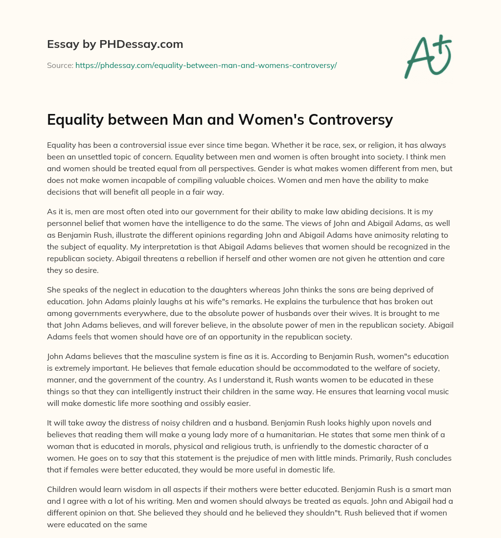 Equality between Man and Women’s Controversy essay