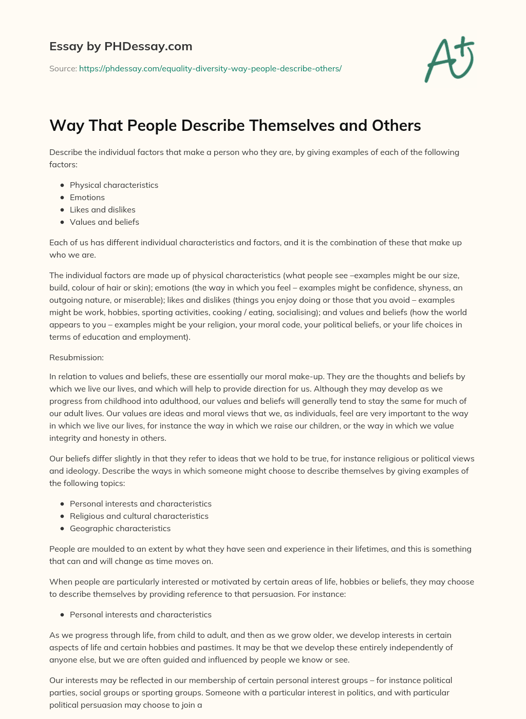 Way That People Describe Themselves and Others essay