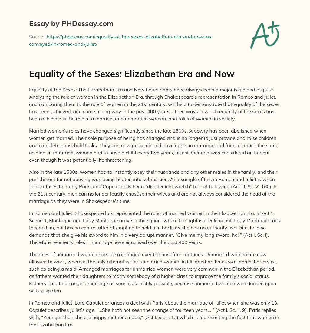 Equality of the Sexes: Elizabethan Era and Now essay