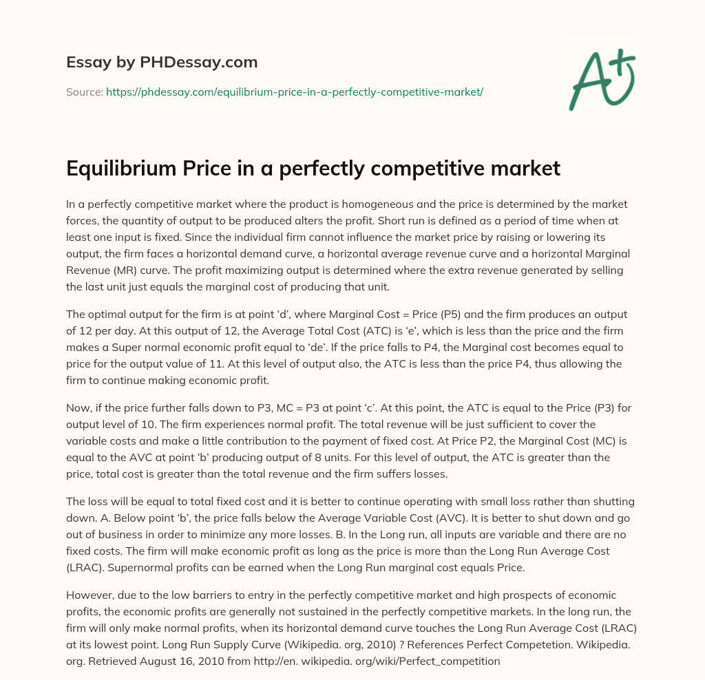 Equilibrium Price in a perfectly competitive market essay