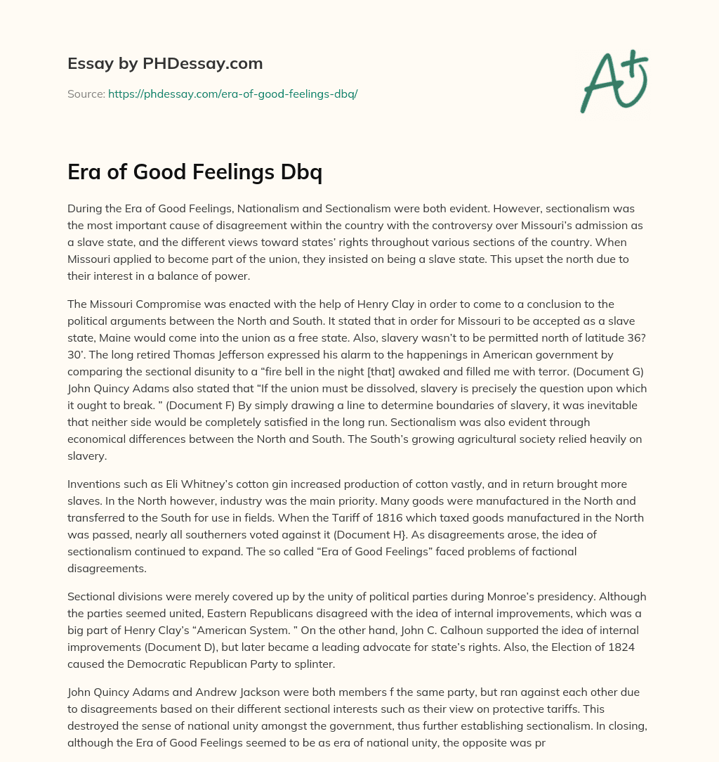 era of good feelings dbq document analysis