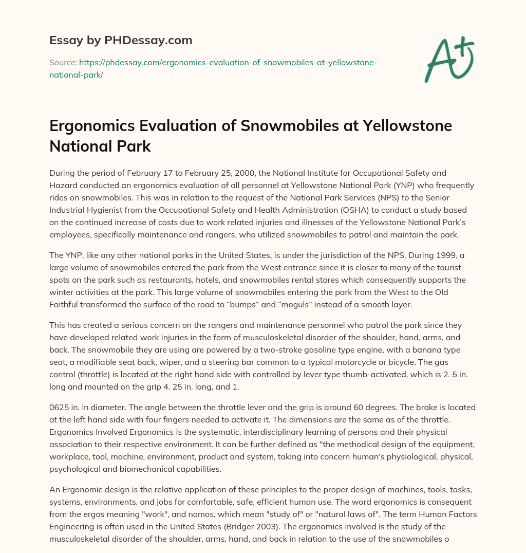 Ergonomics Evaluation of Snowmobiles at Yellowstone National Park essay