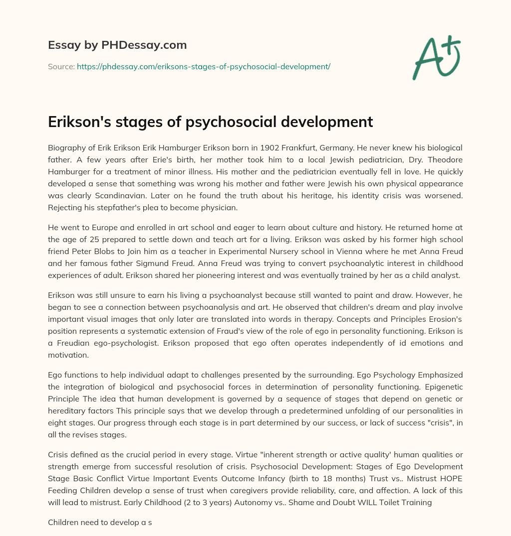 Erikson’s stages of psychosocial development essay