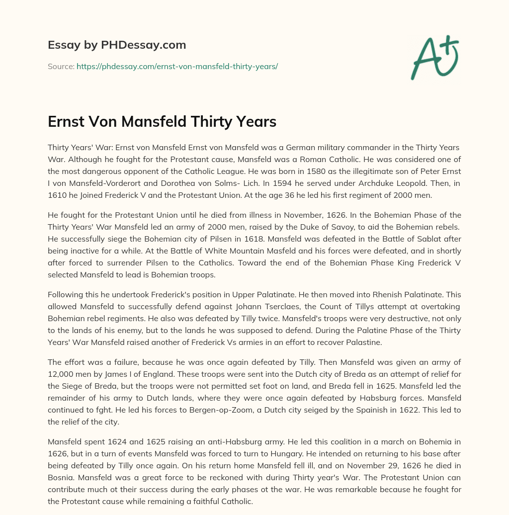 Ernst Von Mansfeld Thirty Years essay