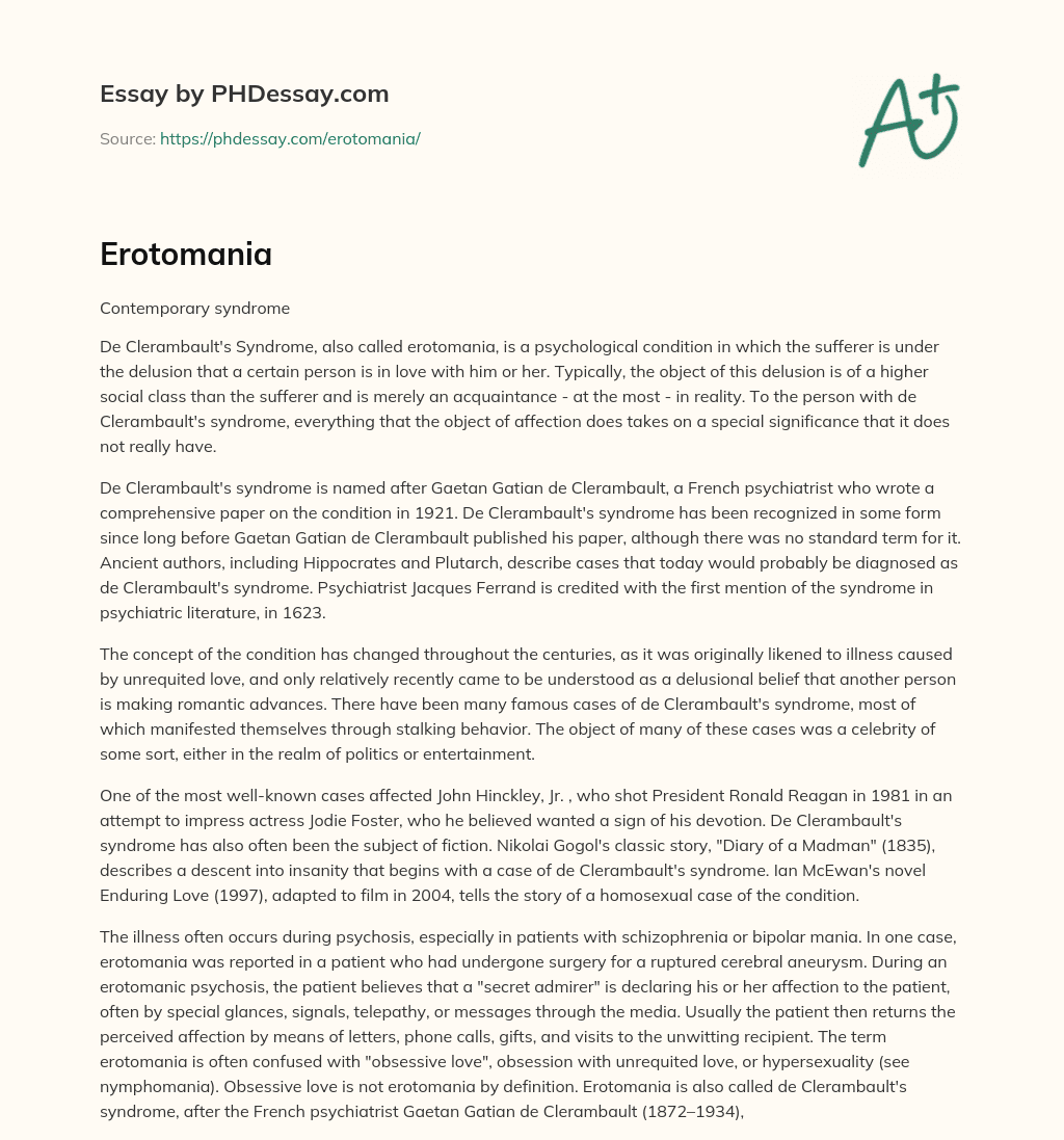 De Clerambault’s Syndrome: The Delusion of Love essay