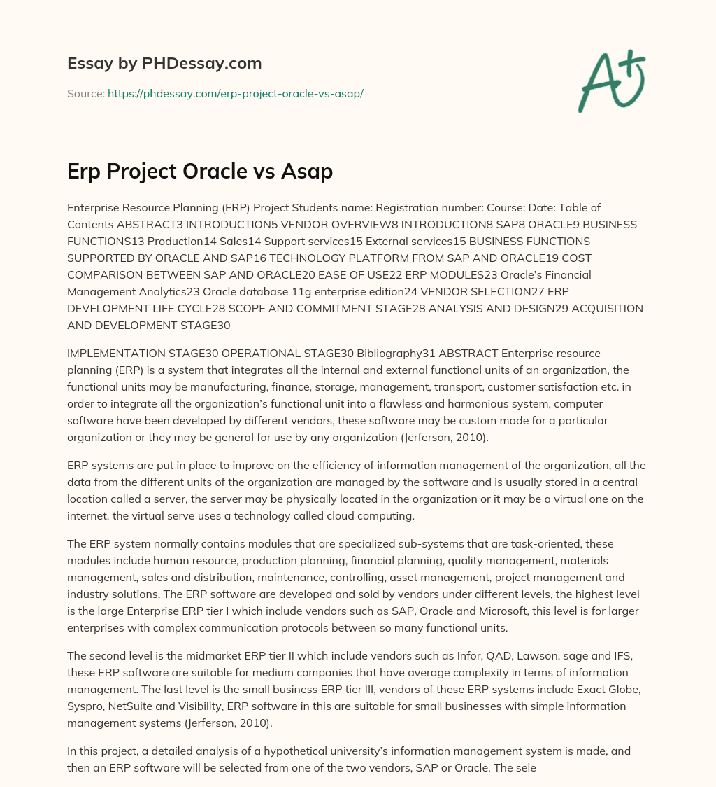 Erp Project Oracle vs Asap - PHDessay.com