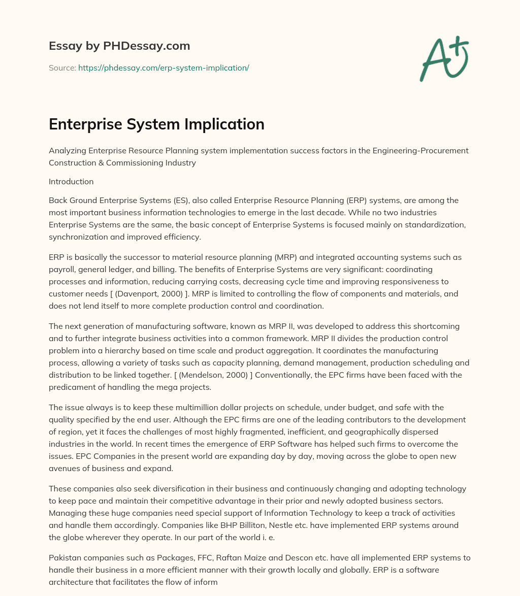 Enterprise System Implication essay