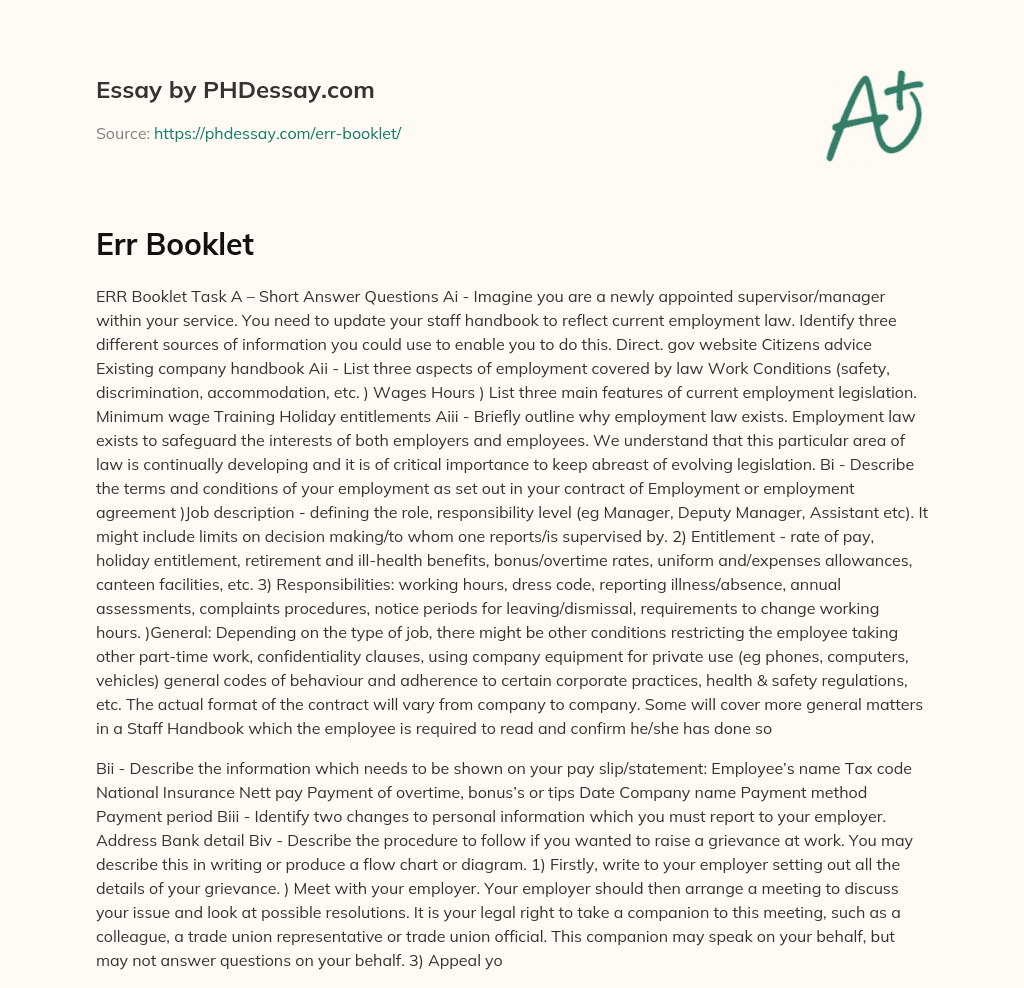 Updating Staff Handbook with Current Employment Law and Contract Terms essay