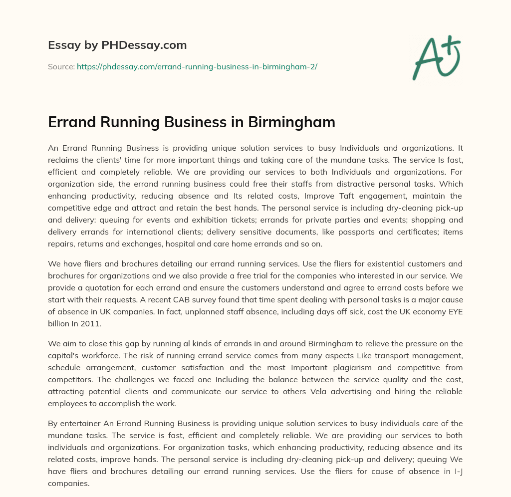 Errand Running Business in Birmingham essay