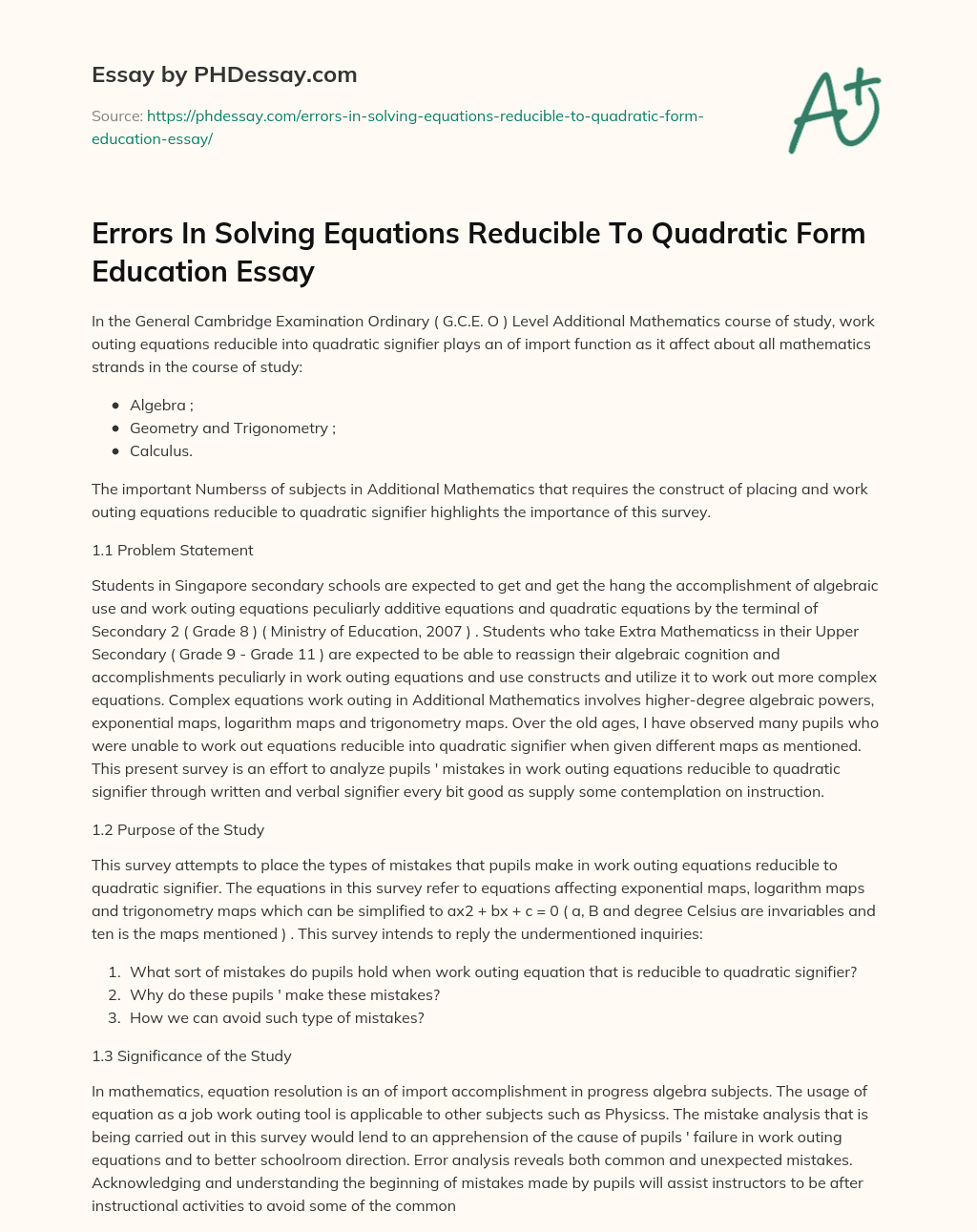 Errors In Solving Equations Reducible To Quadratic Form Education Essay essay