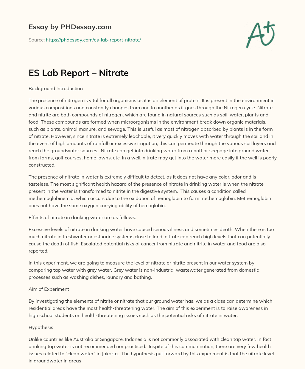 ES Lab Report – Nitrate essay