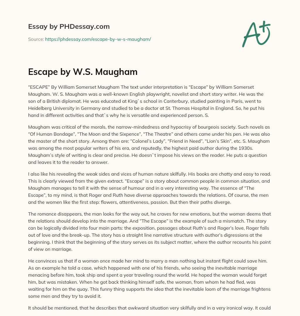 Escape by W.S. Maugham essay