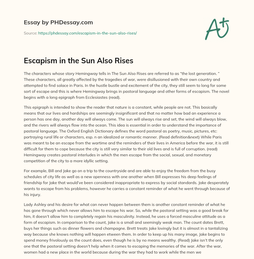 Escapism in the Sun Also Rises essay