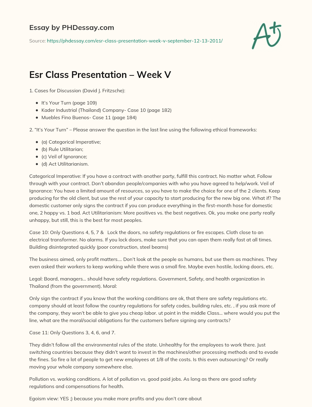 Esr Class Presentation – Week V essay