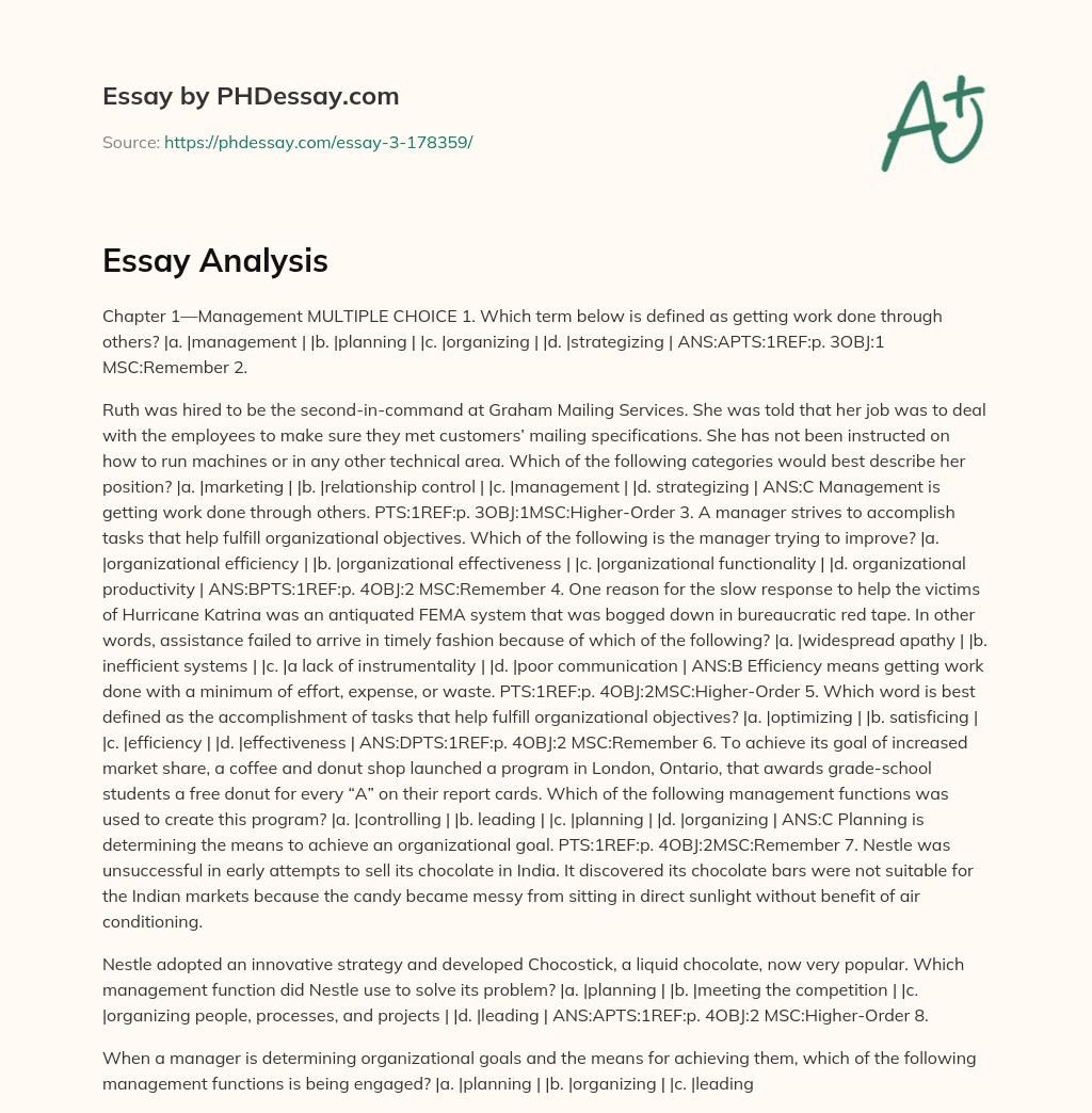 Management and Organizational Objectives: Multiple Choice Questions and Definitions essay