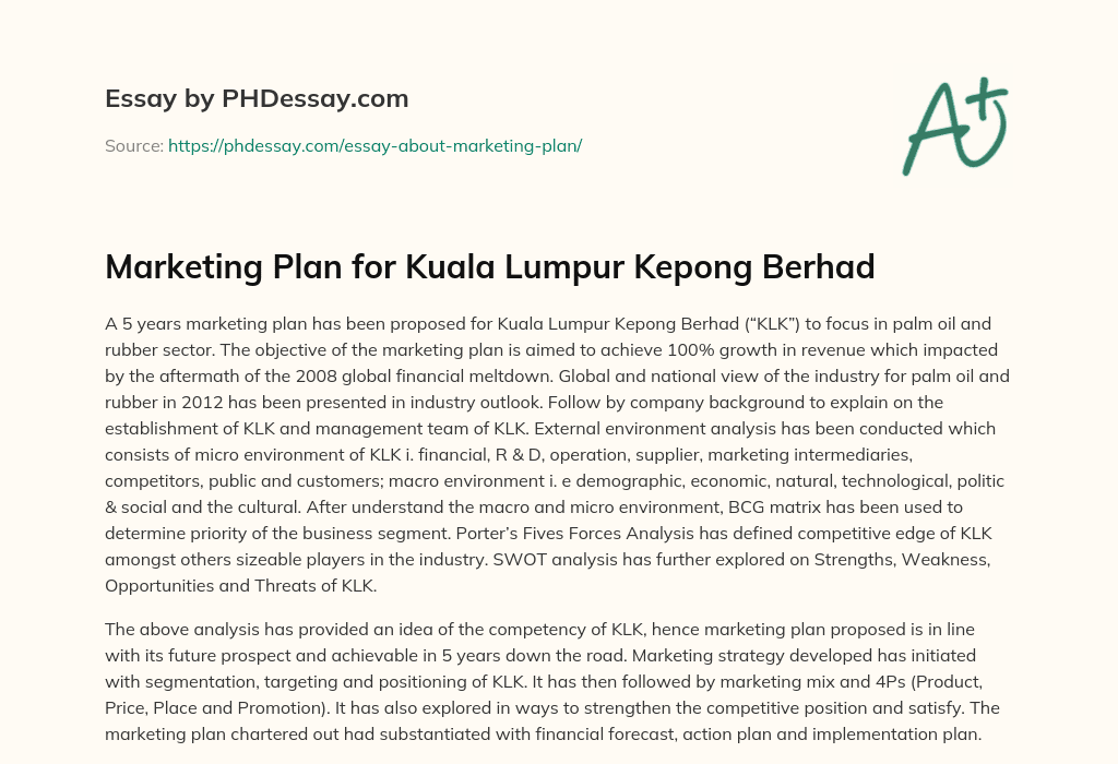 Marketing Plan for Kuala Lumpur Kepong Berhad essay