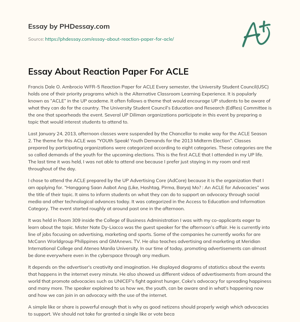 Essay About Reaction Paper For ACLE essay