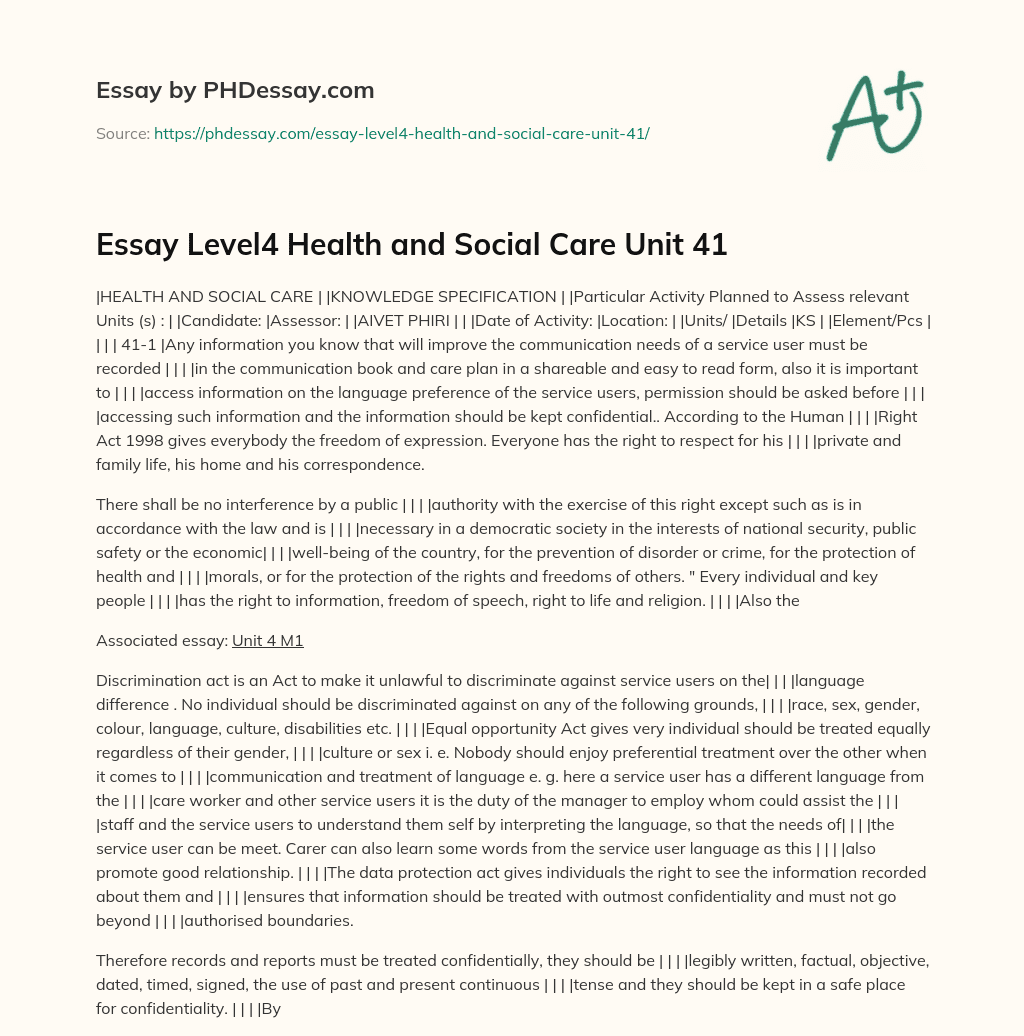 Essay Level4 Health and Social Care Unit 41 essay
