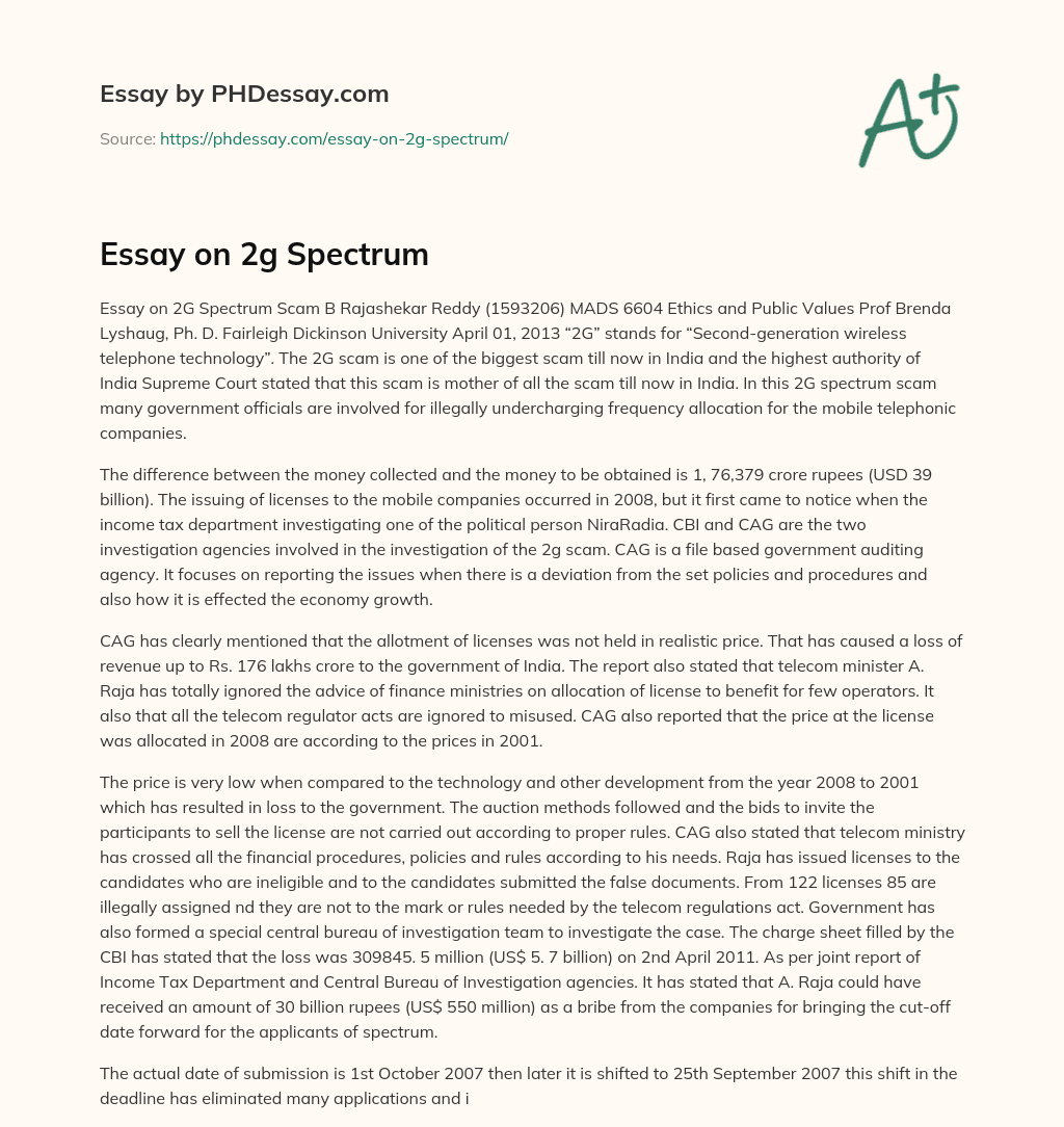 2G Spectrum Scam in India: Government Officials Involved in Undercharging Mobile Companies essay