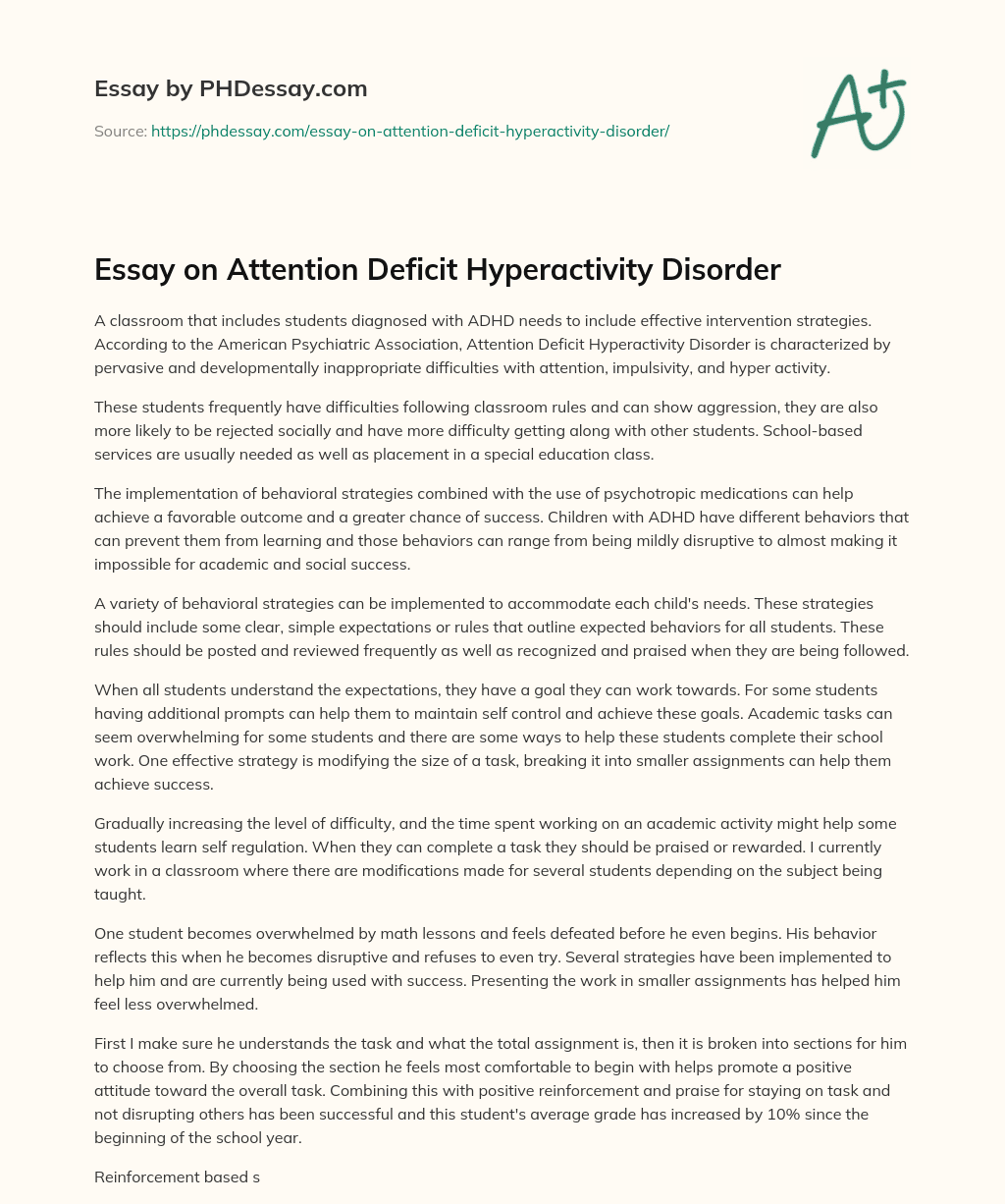 Essay on Attention Deficit Hyperactivity Disorder essay